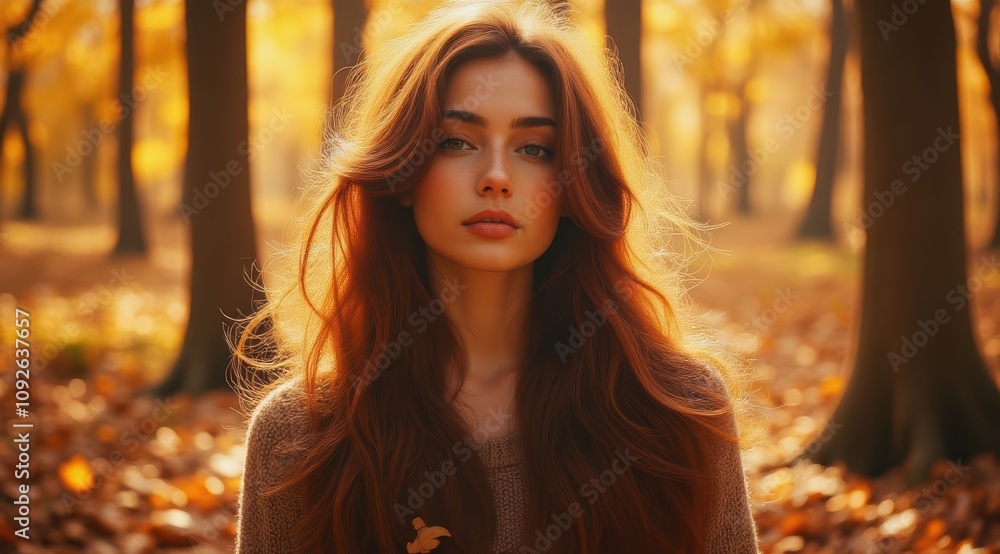 Serene young woman in autumn woods Serene young woman in autumn woods