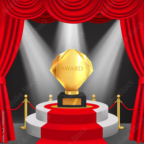 Golden Trophy on Stage with Red Curtains photo