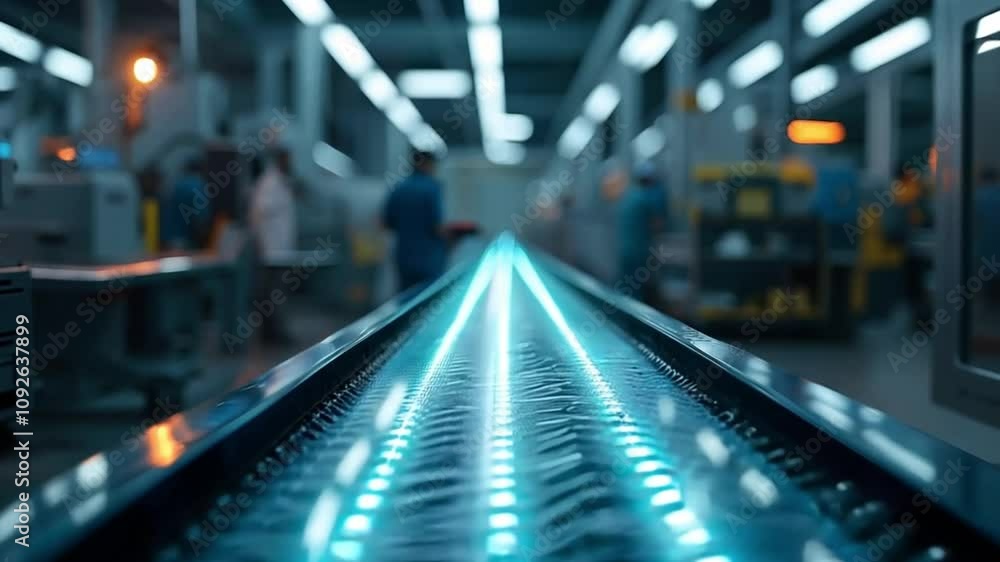 Conveyor Belt in Modern Factory, Automated Production Line, Industrial Manufacturing, Technology, Industry 4.0, Factory Floor, Workers, Manufacturing Process, Blue Lights Conveyor Belt in Modern Factory, Automated Production Line, Industrial Manufacturing, Technology, Industry 4.0, Factory Floor, Workers, Manufacturing Process, Blue Lights