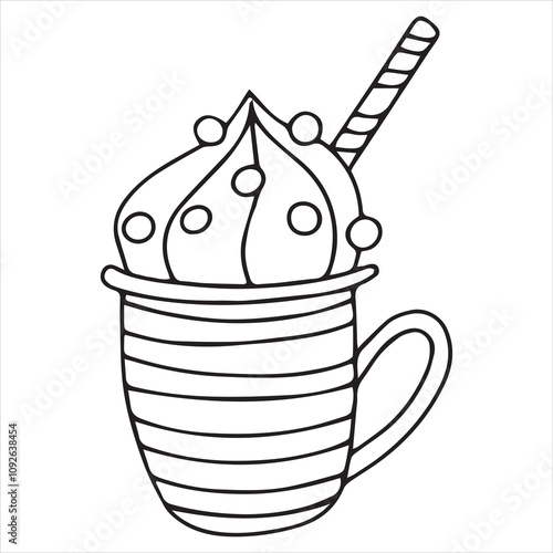 Coloring. Christmas drink. Hot chocolate mug with marshmallows. Christmas New Year decor, symbol. Simple vector sketch.