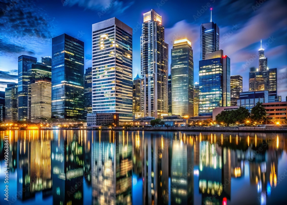 Obraz premium Nighttime Urban Skyline View of Modern Financial District with Illuminated Skyscrapers and Reflective Glass Facades in a Bustling Cityscape Scene