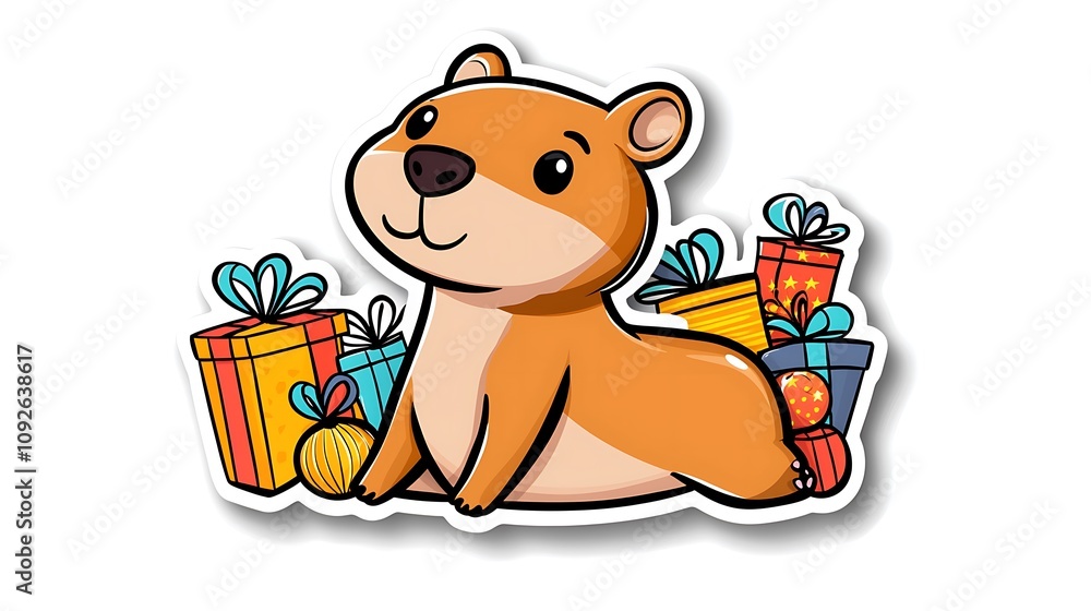 Cute Capybara Sticker with Gifts on Party Table Cute Capybara Sticker with Gifts on Party Table