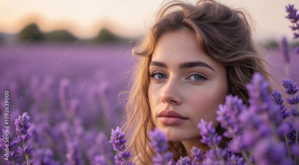 Young woman in lavender field at sunset Young woman in lavender field at sunset