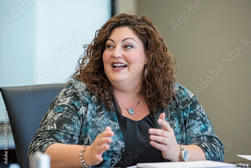 Plus-size businesswoman leading a team meeting in a conference room photo