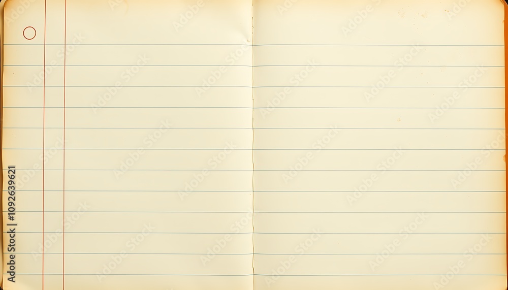 Naklejka premium A vintage, worn, and weathered lined notebook page, with yellowed paper, faded ink lines, and a few scattered coffee stains, set against a warm, soft, and calming background.