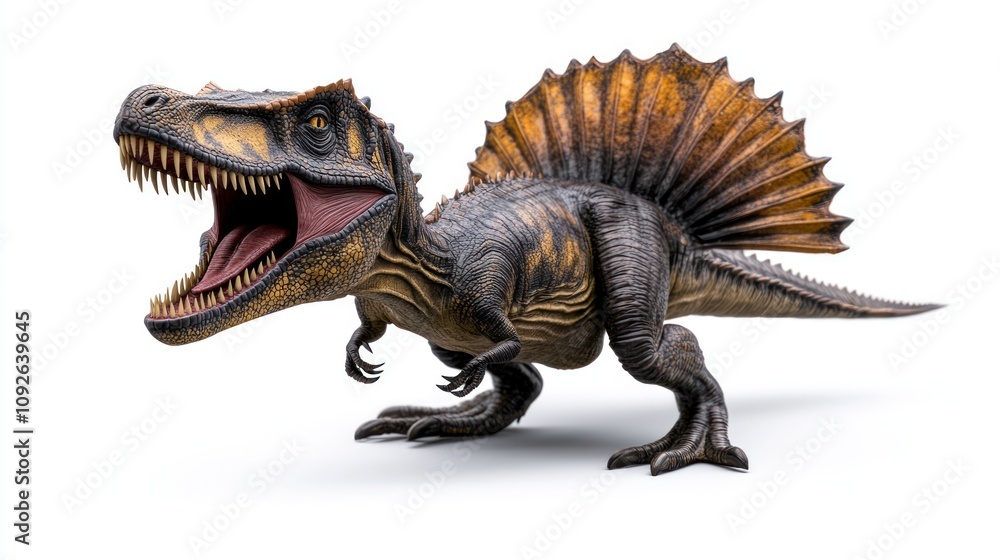 Fototapeta premium A detailed model of a Spinosaurus with an open mouth, showcasing its distinctive features.