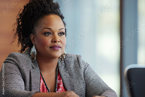 Plus-size businesswoman leading a team meeting in a conference room photo