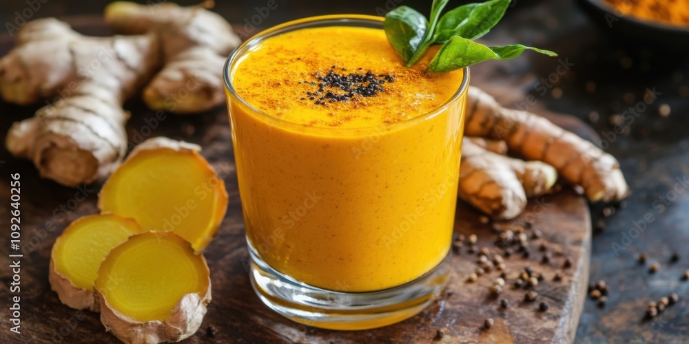 A bright yellow turmeric-infused mocktail with a slice of ginger and a pinch of black pepper, ultra-realistic setup A bright yellow turmeric-infused mocktail with a slice of ginger and a pinch of black pepper, ultra-realistic setup