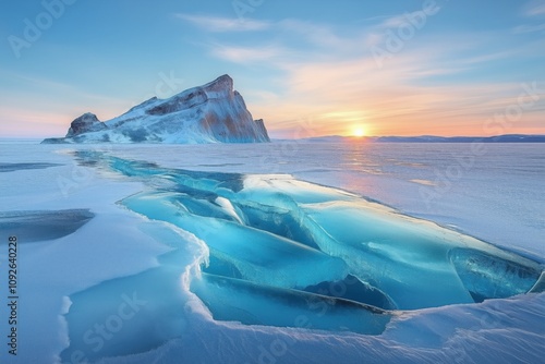 Fototapeta Naklejka Na Ścianę i Meble -  Turquoise ice floe reflecting sunset light with a snowy mountain in the background in frozen lake baikal, siberia, russia during winter