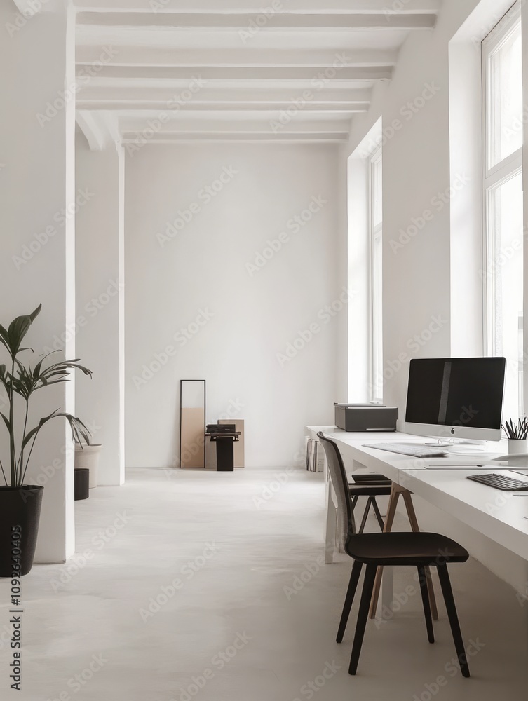 Fototapeta premium Minimalist White Office Workspace With Modern Computer Setup