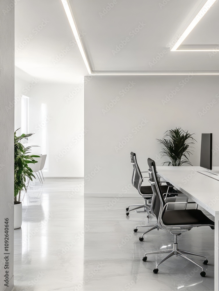 Fototapeta premium Modern minimalist office interior design with sleek chairs and bright lighting