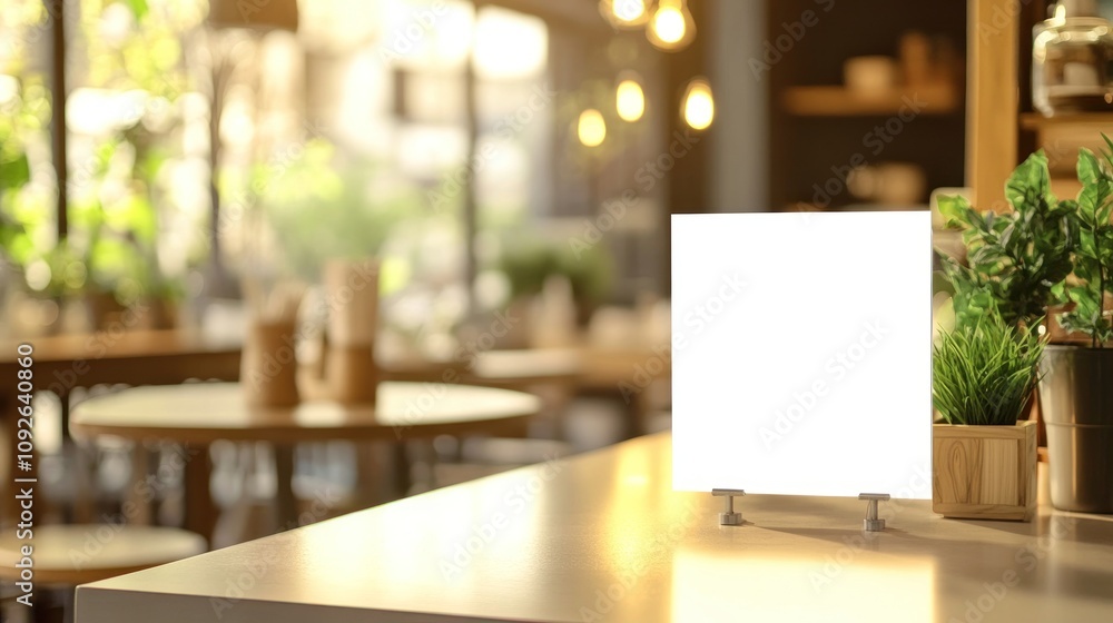A blank sign in a cozy café setting with plants and warm lighting. A blank sign in a cozy café setting with plants and warm lighting.