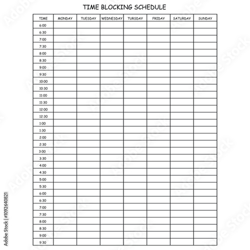 24 Hourly Weekly Schedule - Monday Start. Mockup for daily scheduling and time management. 30-minute increment hourly planner templates. Time Planner.