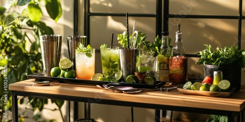 A chic bar cart setup with various non-alcoholic cocktails, cocktail tools, and fresh garnishes photo