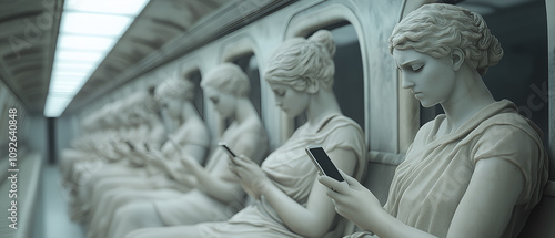 ancient women statues sitting in the metro and playing with a phone; concept of being tired, midlife crisis, phone addiction, psychology, pattern, adult life, responsibilities, not living full life photo