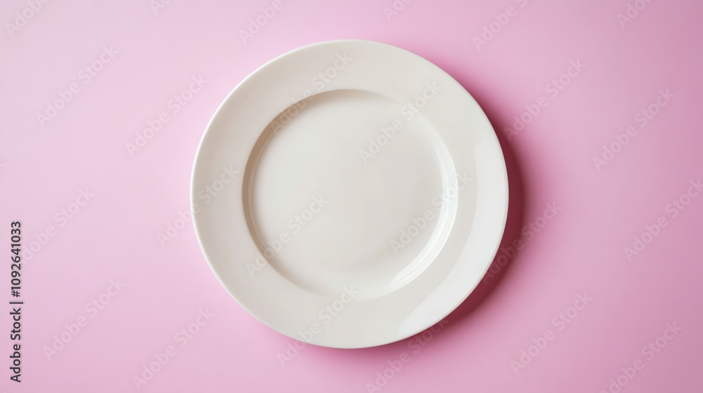 A plain white plate on a pink background. A plain white plate on a pink background.
