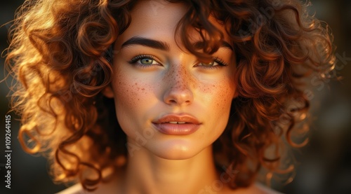 Female model with curly hair and freckles