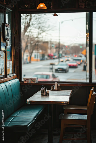 Empty diner booth with a view of the street outside photo