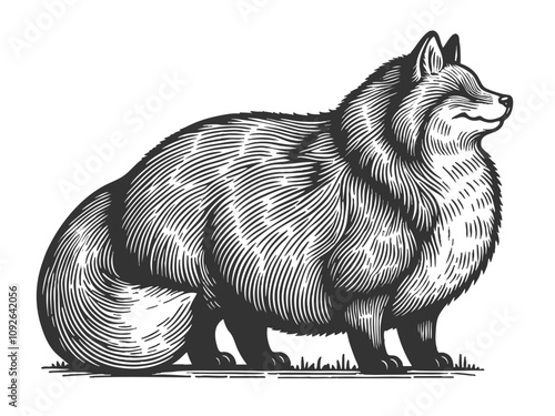 Fluffy fat chubby Fox sketch engraving generative ai vector illustration. Scratch board imitation. Black and white image.