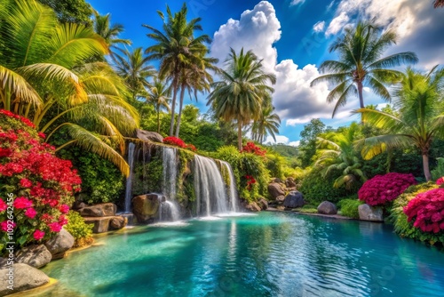 Serene Panoramic View of a Luxury Swimming Pool with a Majestic Waterfall Surrounded by Lush Tropical Foliage and Clear Blue Skies for a Perfect Summer Escape