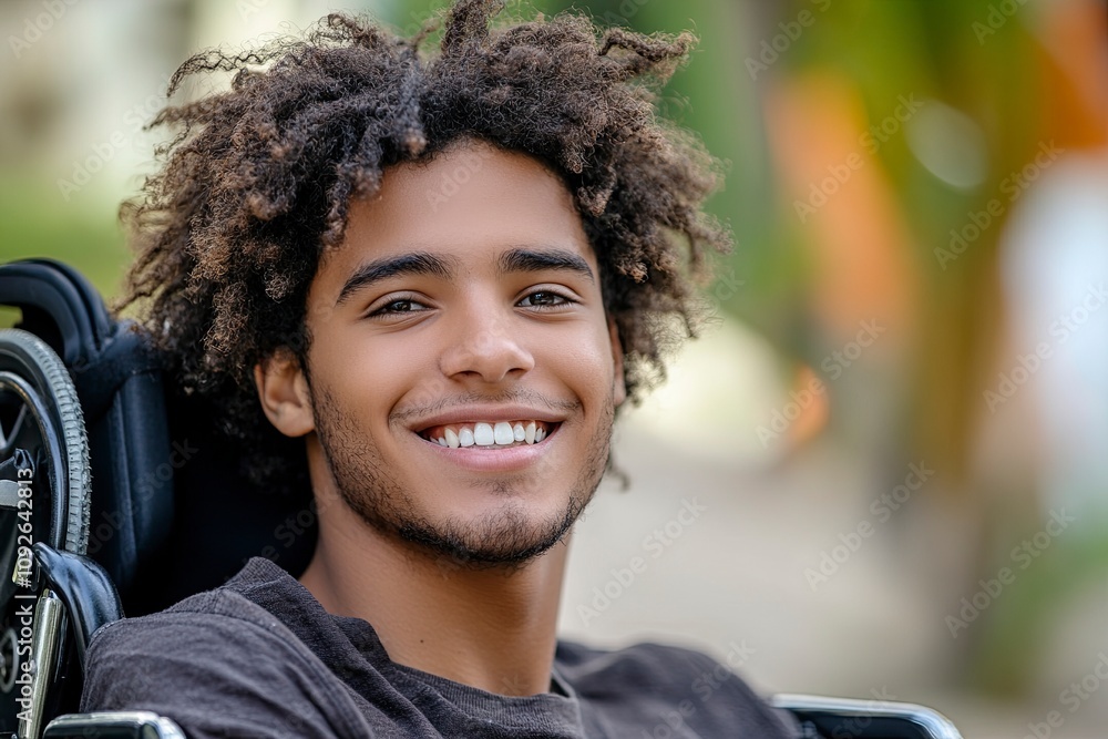 Fototapeta premium realistic image, a young Brazilian wheelchair user smiling neutral background,generative ai