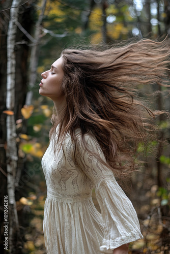 Alone Young woman with long fluttering hair express emotions in forest photo