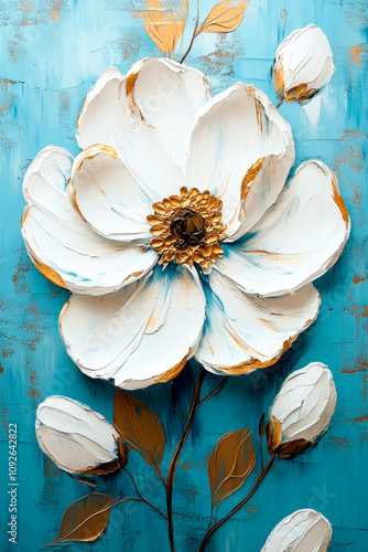White 3D flowers with gold accents on a blue background, Painting done with oil paints
