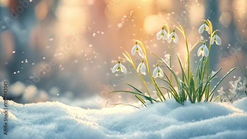 Snowdrops in the forest, flowers, awakening of nature after winter
