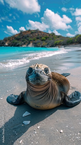 A pristine beach in the GalÃ¡pagos Islands with unique wildlife, such as blue-footed boobies and sea lions. Add a curious iguana exploring the shore for a unique element  photo