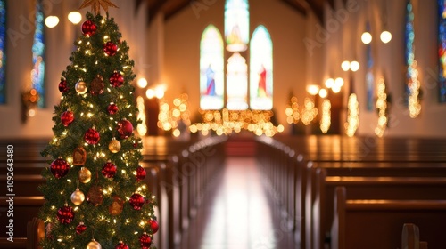 Wallpaper Mural A decorated Christmas tree in the foreground of a church with a stained glass window and pews. Torontodigital.ca