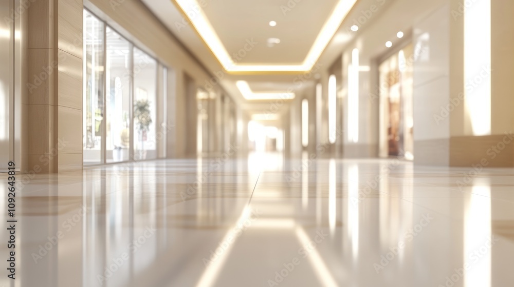Naklejka premium A modern, spacious corridor with polished floors and soft lighting, suggesting elegance and calm.