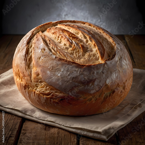 Round Loaf of sourdough Bread on a folded teacloth on a timber table.  photo