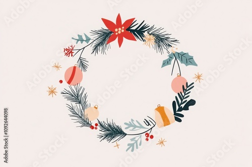 Minimalistic Christmas wreath illustration with pine branches, ornaments, holly, red poinsettia, and berries on a white background