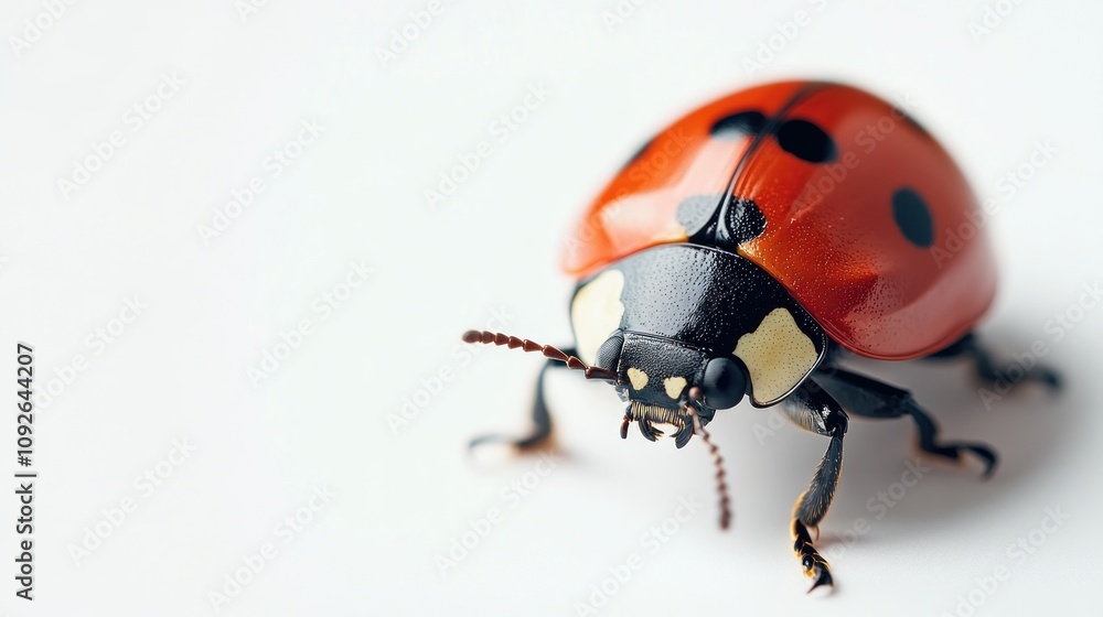 Fototapeta premium A close-up of a vibrant red ladybug with black spots on a light background.