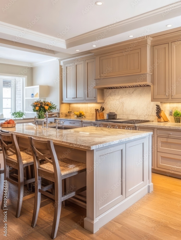 Fototapeta premium Elegant Kitchen Island With Granite Countertop And Wooden Stools