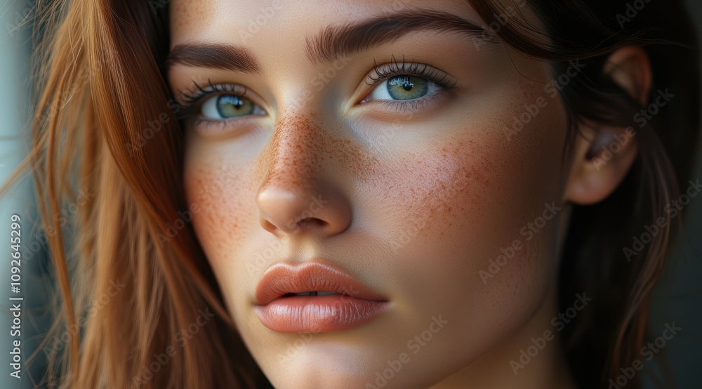 Close-up of a young woman with freckles Close-up of a young woman with freckles
