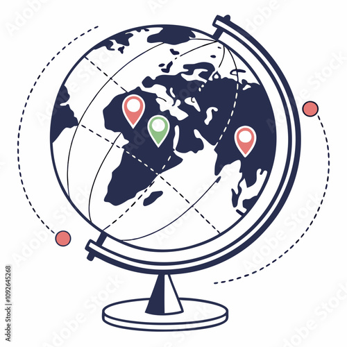  A modern representation of a globe with map pins indicating locations, great for travel, logistics, and international projects