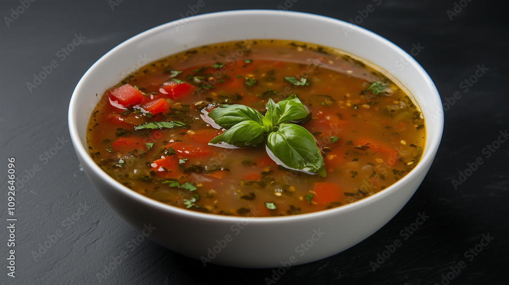Tomato Basil Soup in a Shallow White Bowl Tomato Basil Soup in a Shallow White Bowl