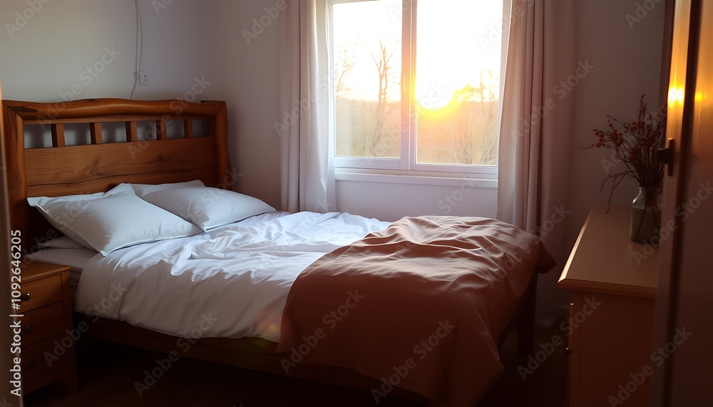 A serene autumnal bedroom scene: a rustic wooden bed frame stands proudly, draped in crisp white linens. A serene autumnal bedroom scene: a rustic wooden bed frame stands proudly, draped in crisp white linens.