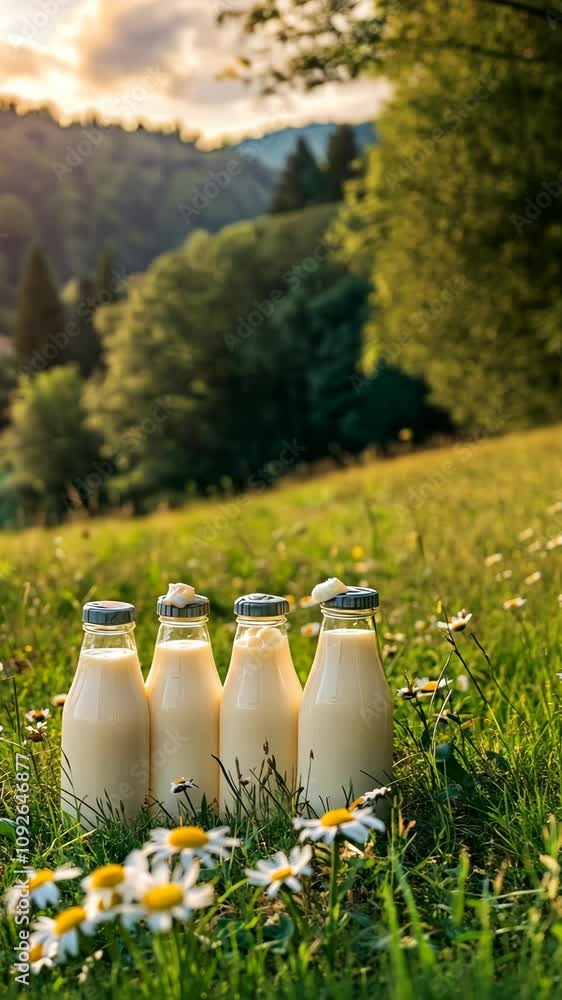 Four bottles of milk, sealed with gray caps, rest amidst daisies in a verdant meadow Four bottles of milk, sealed with gray caps, rest amidst daisies in a verdant meadow