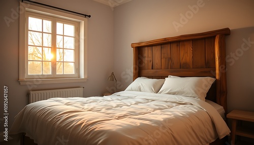 Wallpaper Mural A small bedroom with a rustic wooden bed frame and clean white linens, with the soft golden light of an autumn sunset streaming in through the window.	 Torontodigital.ca