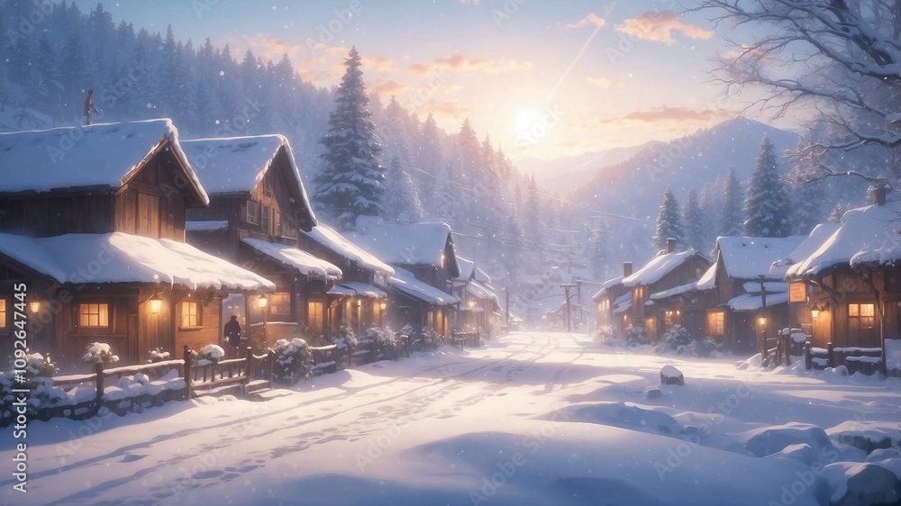 Fototapeta premium Snowy village at sunset with cozy wooden houses.