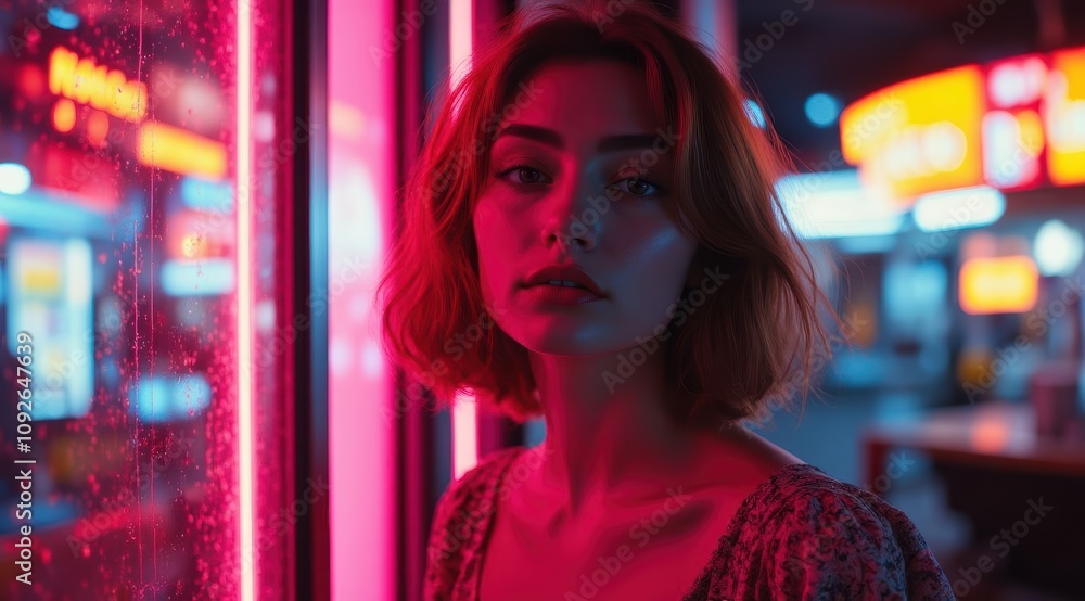 Young woman with bob hairstyle in neon lights Young woman with bob hairstyle in neon lights