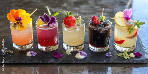 A mocktail flight featuring a variety of small, artistic drinks on a slate serving tray