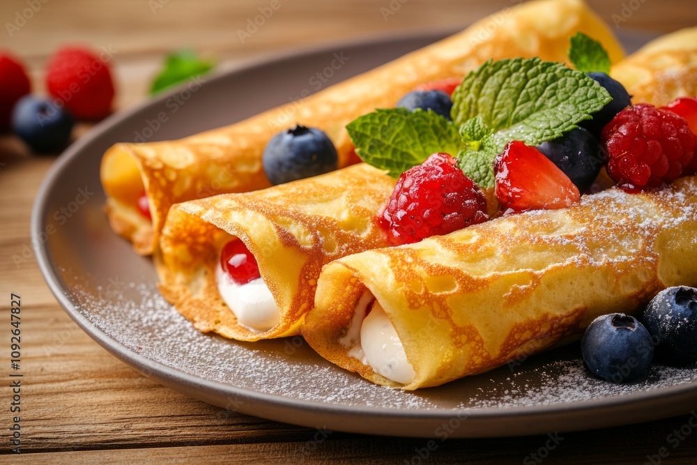 Delicious rolled pancakes filled with cream and topped with fresh berries. Perfect for breakfast or dessert. A delightful and colorful presentation. Generative AI Delicious rolled pancakes filled with cream and topped with fresh berries. Perfect for breakfast or dessert. A delightful and colorful presentation. Generative AI