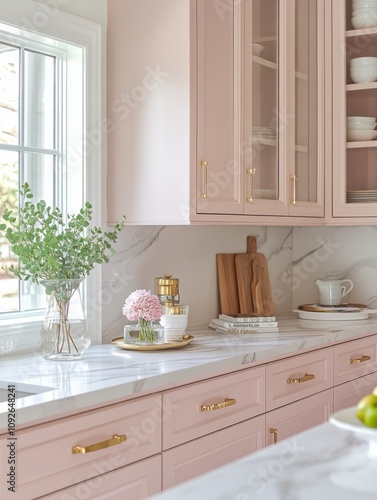 Elegant Pink Kitchen Cabinets and Marble Countertop