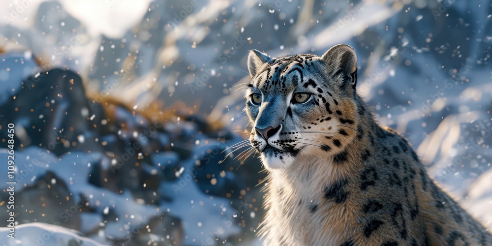 Obraz premium Portrait of a Snow Leopard with blurred snowy mountain range background, copy space, cinematic