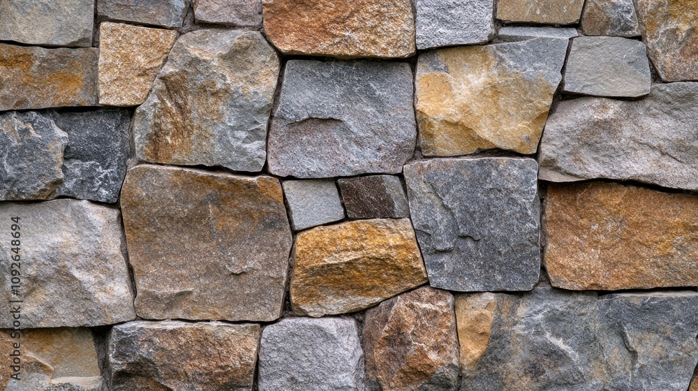 A textured stone wall composed of various shapes and colors. A textured stone wall composed of various shapes and colors.