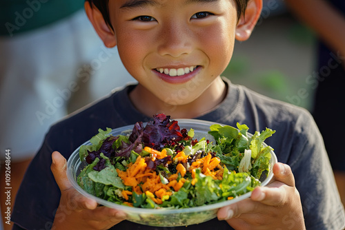 Boy proudly showing off a salad he prepared himself photo