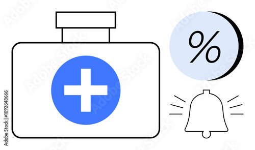 First aid kit with blue cross, percentage symbol in blue circle, and alert bell with sound lines. Ideal for healthcare services, emergency response, hospital notifications, medical discounts, health